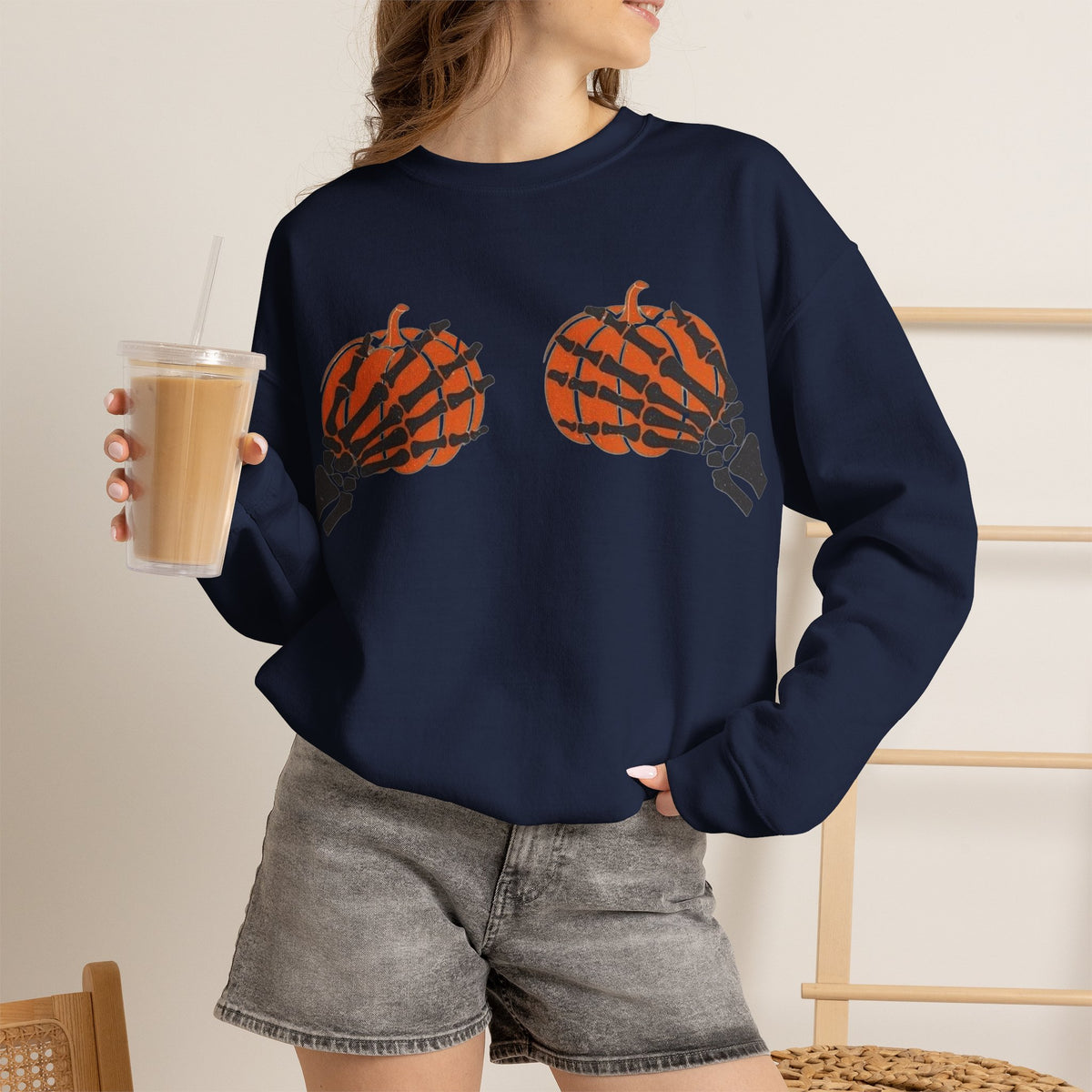 ORVIAN — Pumpkin Bra & Trick or Treat Halloween Crewneck, Skeleton Hands Unisex Heavy Blend