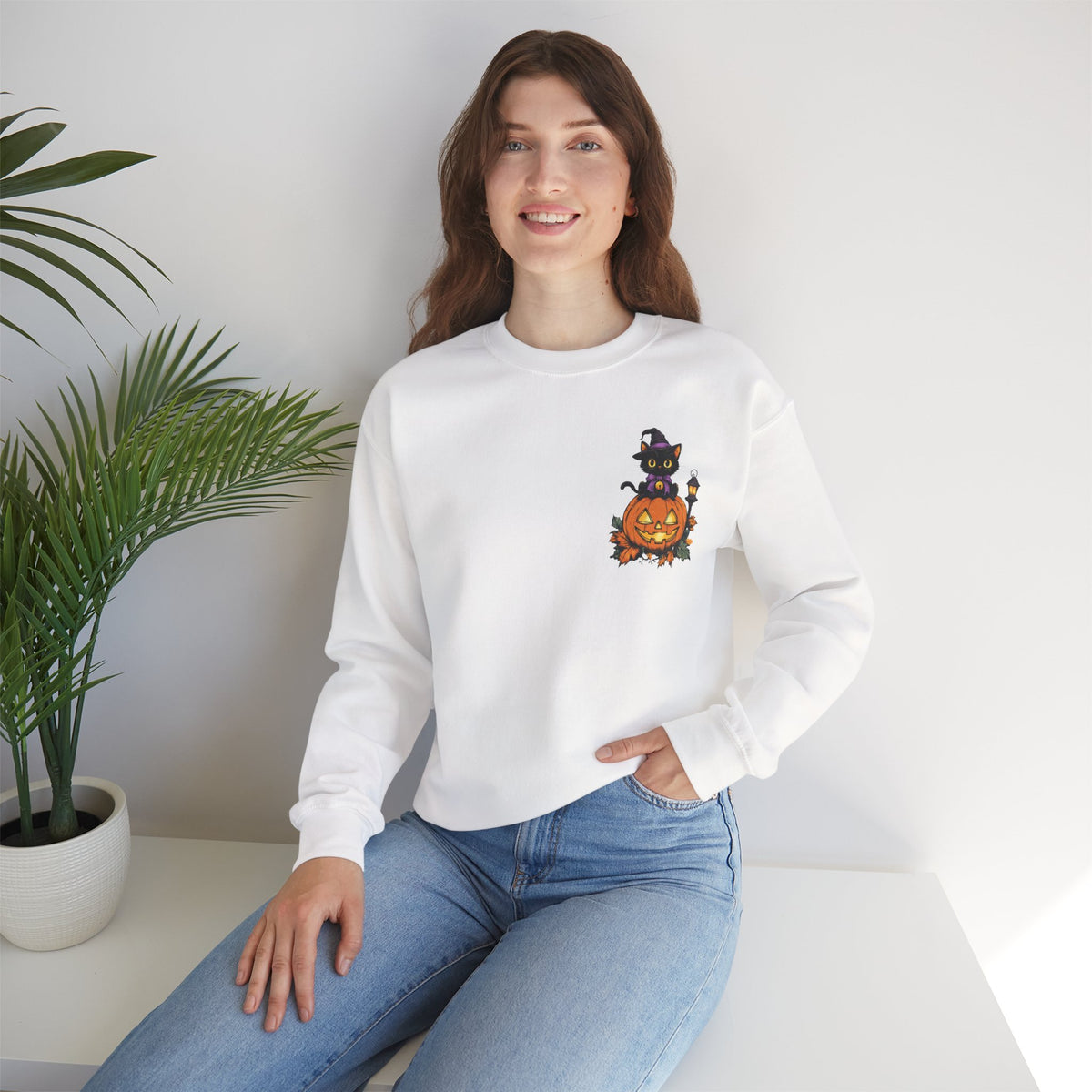 ORVIAN — Witch Cat Halloween Crewneck, Flying Black Cat & Pumpkin Patch Unisex Sweatshirt