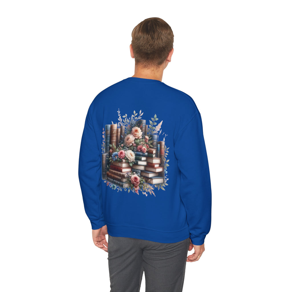 ORVIAN — Blue Watercolor Floral Book Crewneck, Open Book Wildflower Literary Unisex Heavy Blend