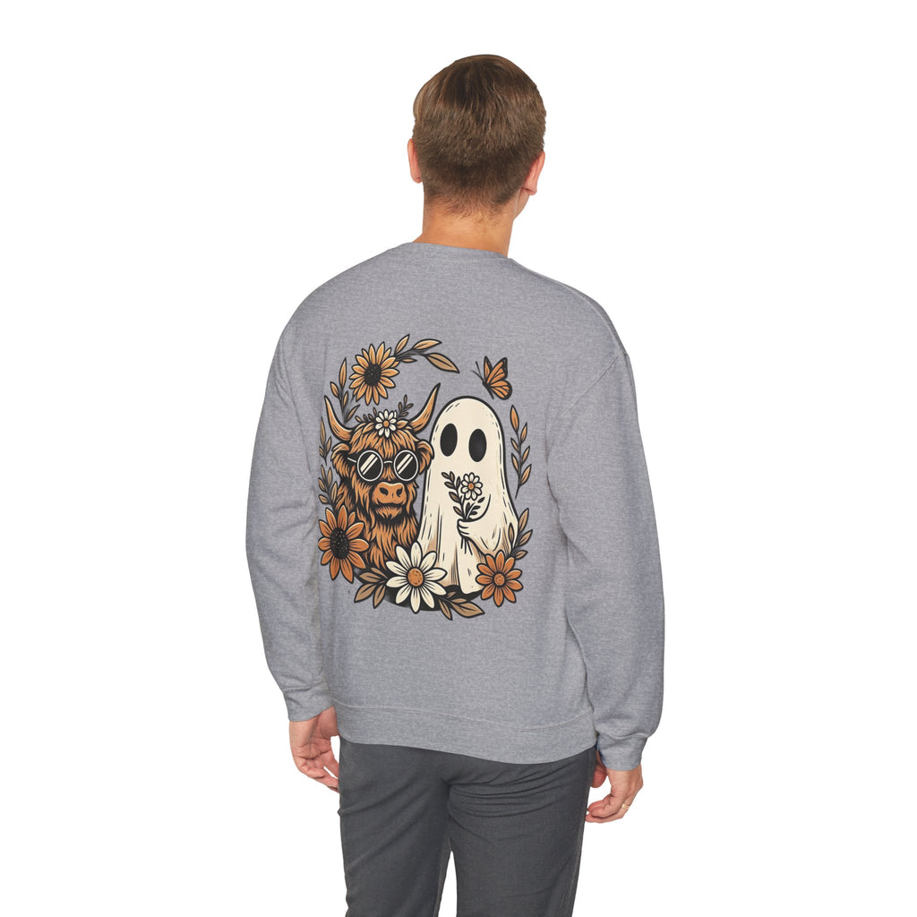 ORVIAN — Highland Cow & Cute Ghost Western Floral Crewneck, Spooky Unisex Sweatshirt