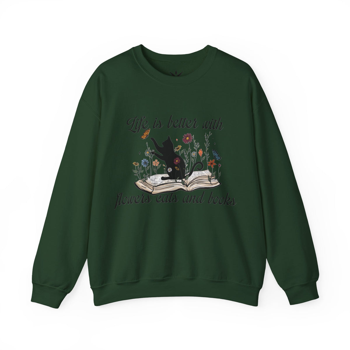 ORVIAN — Life Is Better With Flowers, Cats & Books Crewneck, Black Cat Book Stack Unisex