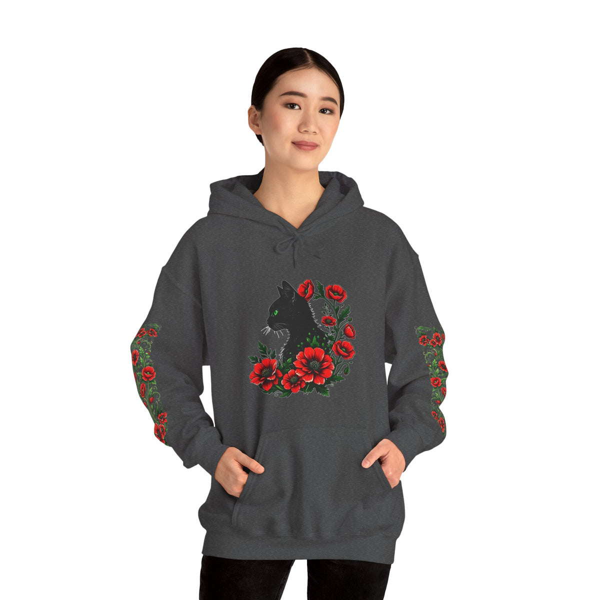 ORVIAN — Black Cat & Red Poppies Unisex Heavy Blend Hoodie