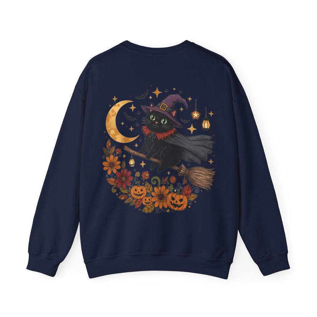 ORVIAN — Witch Cat Halloween Crewneck, Flying Black Cat & Pumpkin Patch Unisex Sweatshirt