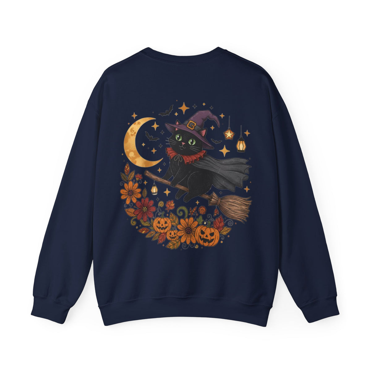 ORVIAN — Witch Cat Halloween Crewneck, Flying Black Cat & Pumpkin Patch Unisex Sweatshirt