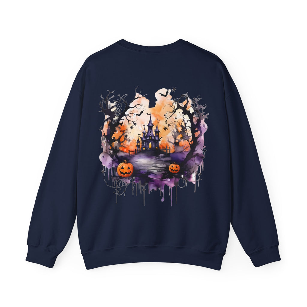 ORVIAN — Watercolor Haunted Castle Halloween Crewneck, Purple Jack-o'-Lantern Unisex Heavy Blend