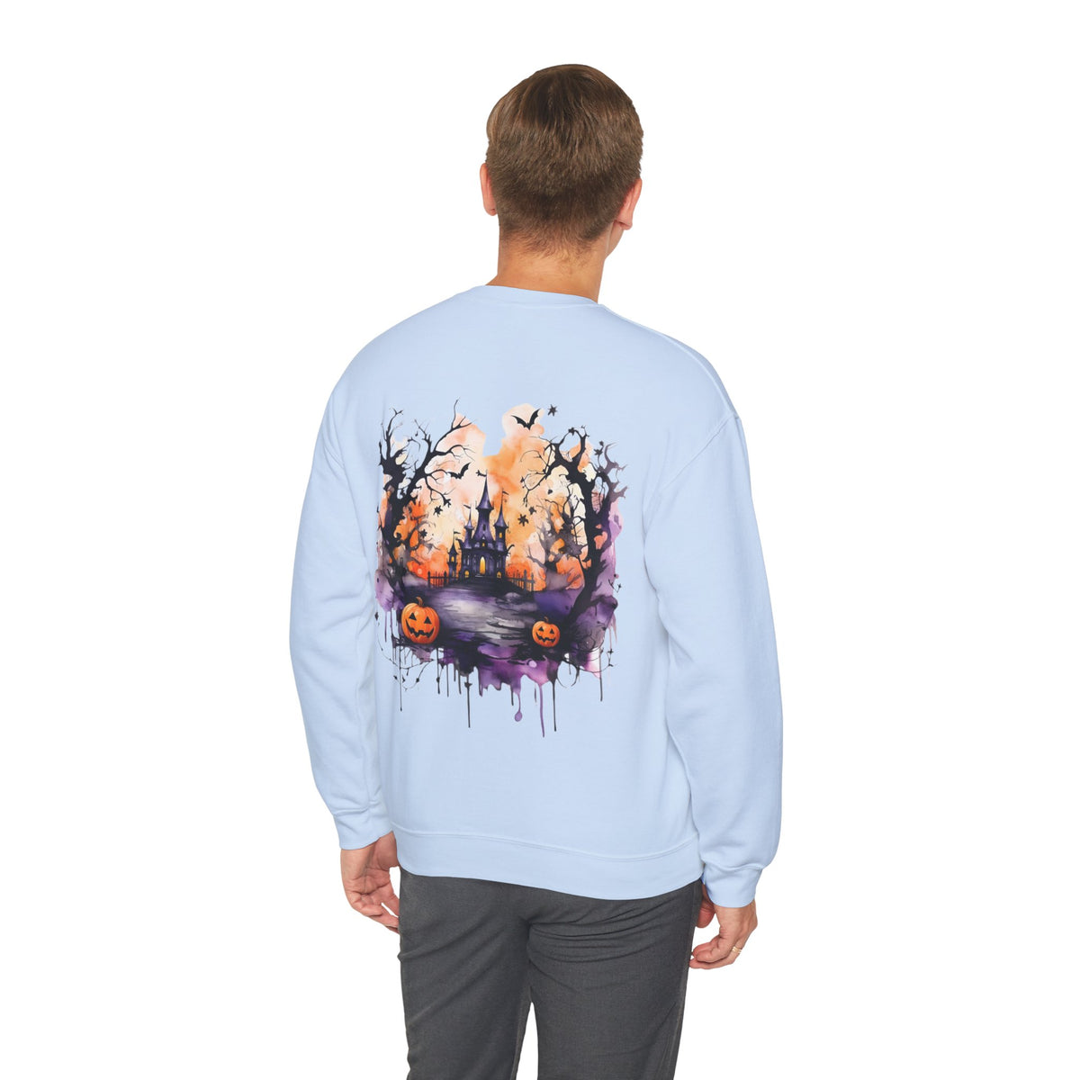 ORVIAN — Watercolor Haunted Castle Halloween Crewneck, Purple Jack-o'-Lantern Unisex Heavy Blend