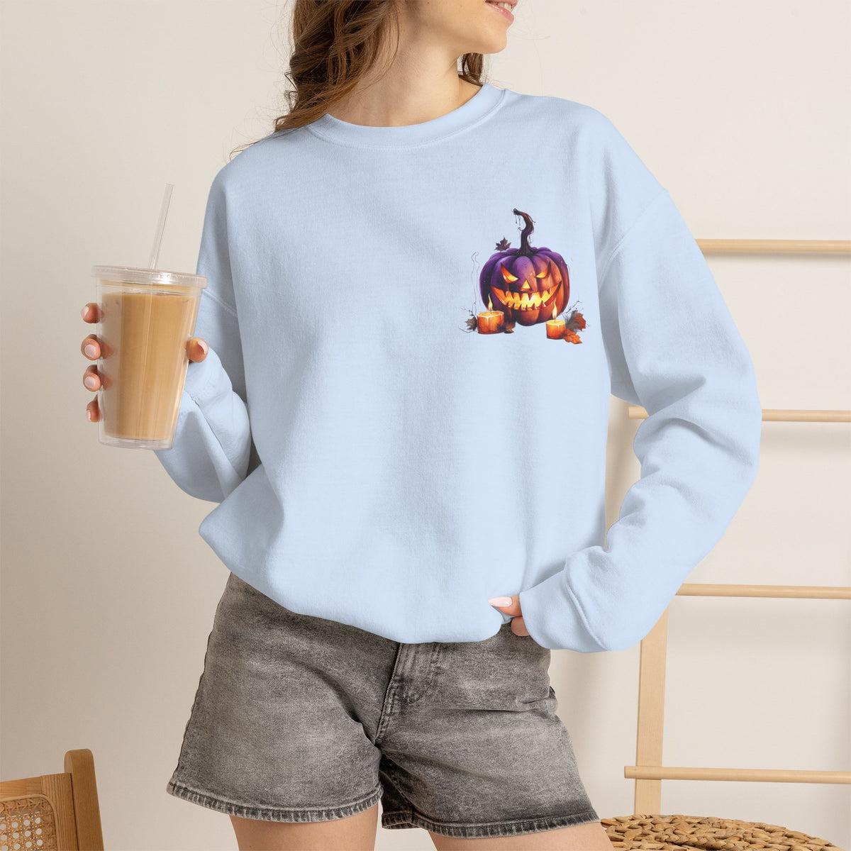 ORVIAN — Watercolor Haunted Castle Halloween Crewneck, Purple Jack-o'-Lantern Unisex Heavy Blend
