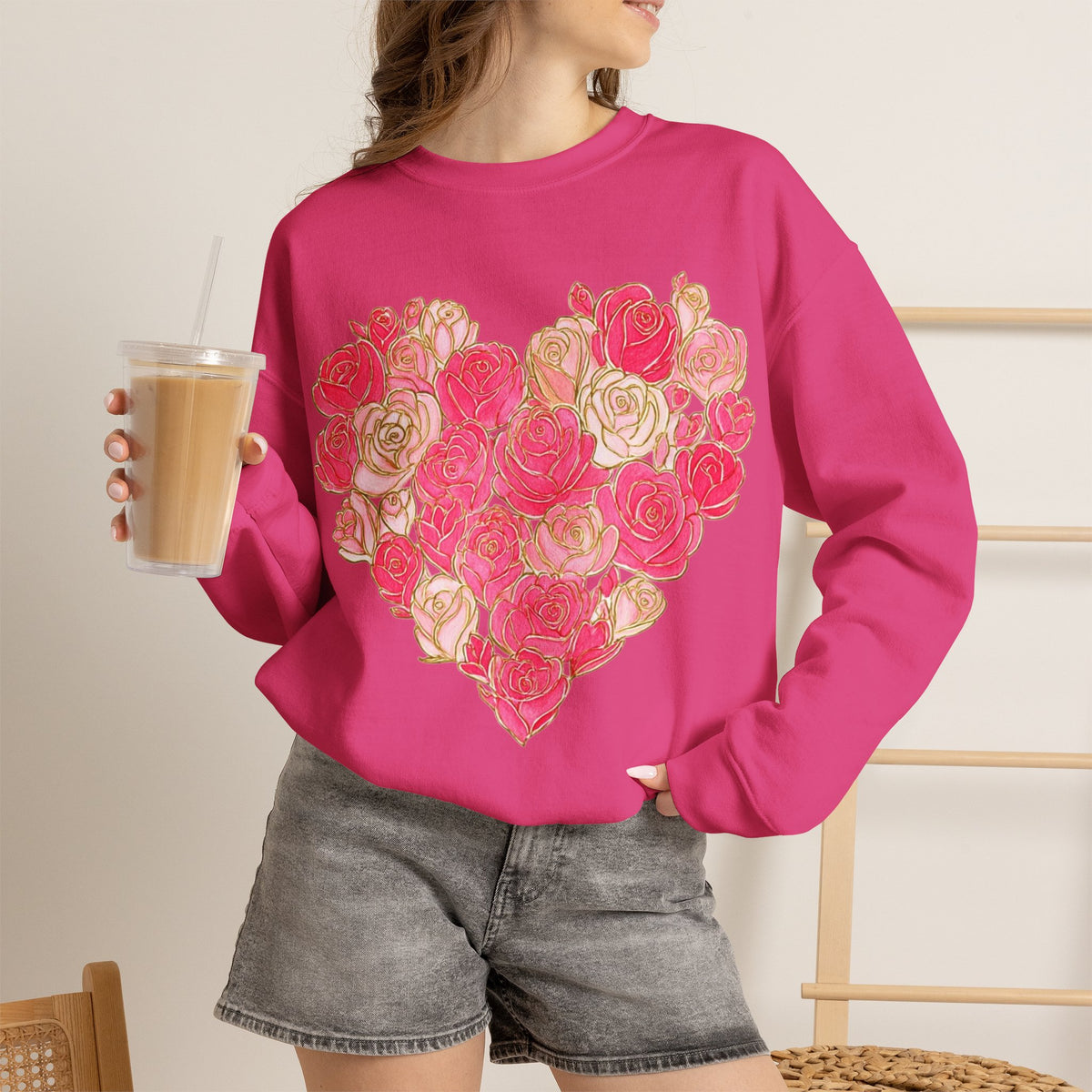 ORVIAN — Floral Rose Heart Crewneck, Romantic Pink Flower Valentine Sweatshirt, Unisex Heavy Blend