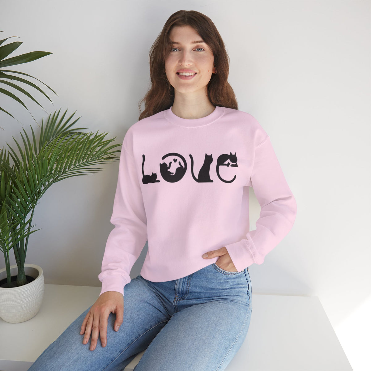 ORVIAN — LOVE Cat Silhouette & Heart-Shaped Cats Crewneck, Cat Lover Unisex Heavy Blend