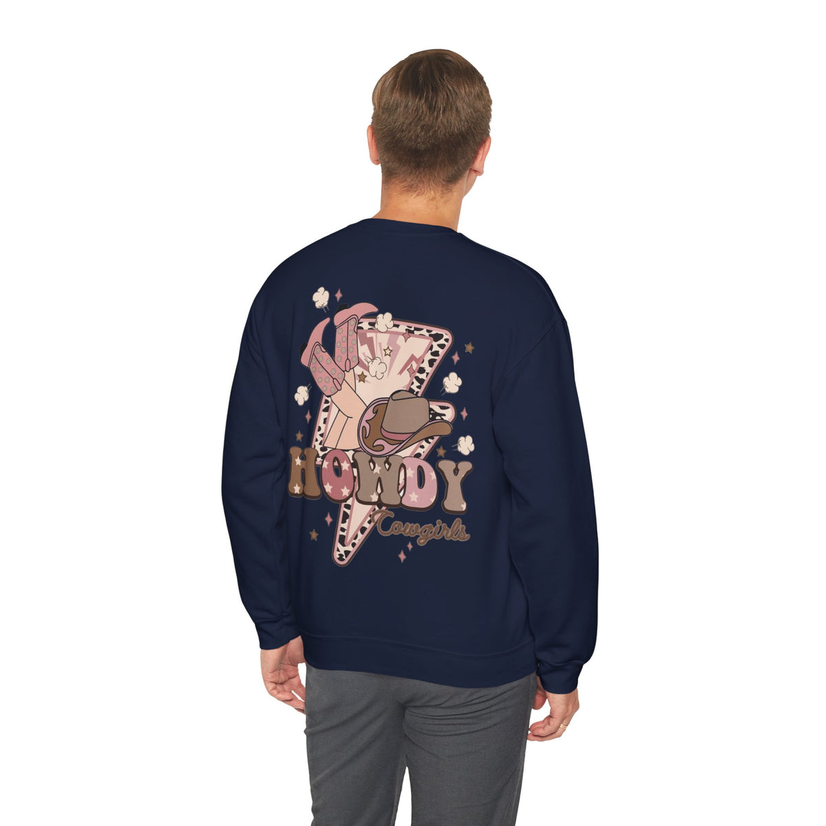ORVIAN — Howdy Cowgirls Western Crewneck, Leopard Lightning Bolt & Cowgirl Boots Unisex Heavy Blend