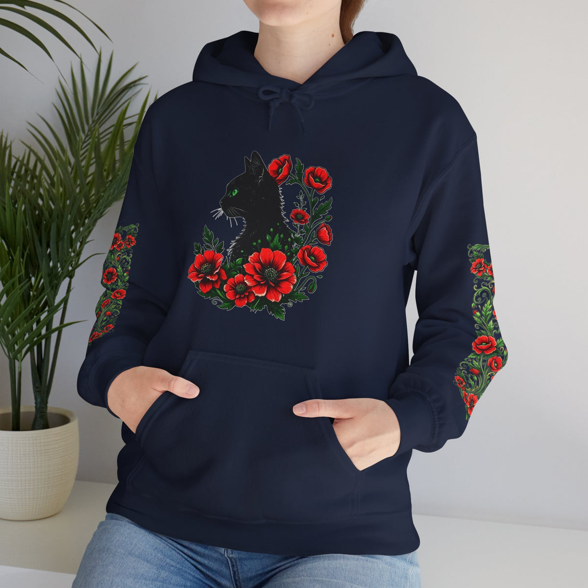 ORVIAN — Black Cat & Red Poppies Unisex Heavy Blend Hoodie