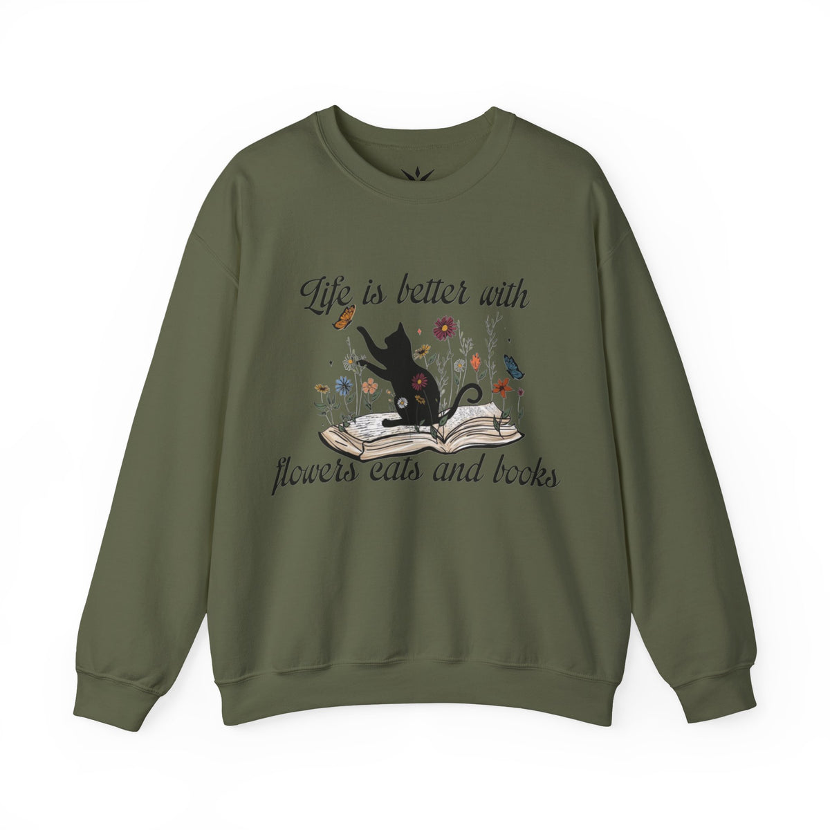 ORVIAN — Life Is Better With Flowers, Cats & Books Crewneck, Black Cat Book Stack Unisex