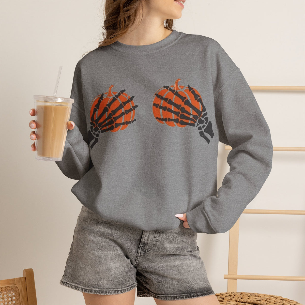 ORVIAN — Pumpkin Bra & Trick or Treat Halloween Crewneck, Skeleton Hands Unisex Heavy Blend