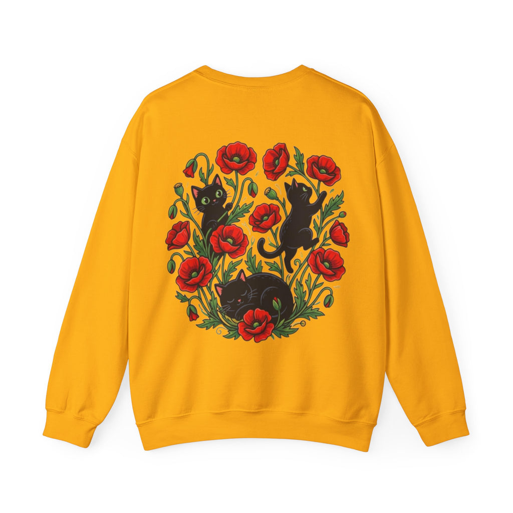 ORVIAN — Black Cat & Red Poppies Floral Crewneck, Elegant Nature Unisex Heavy Blend