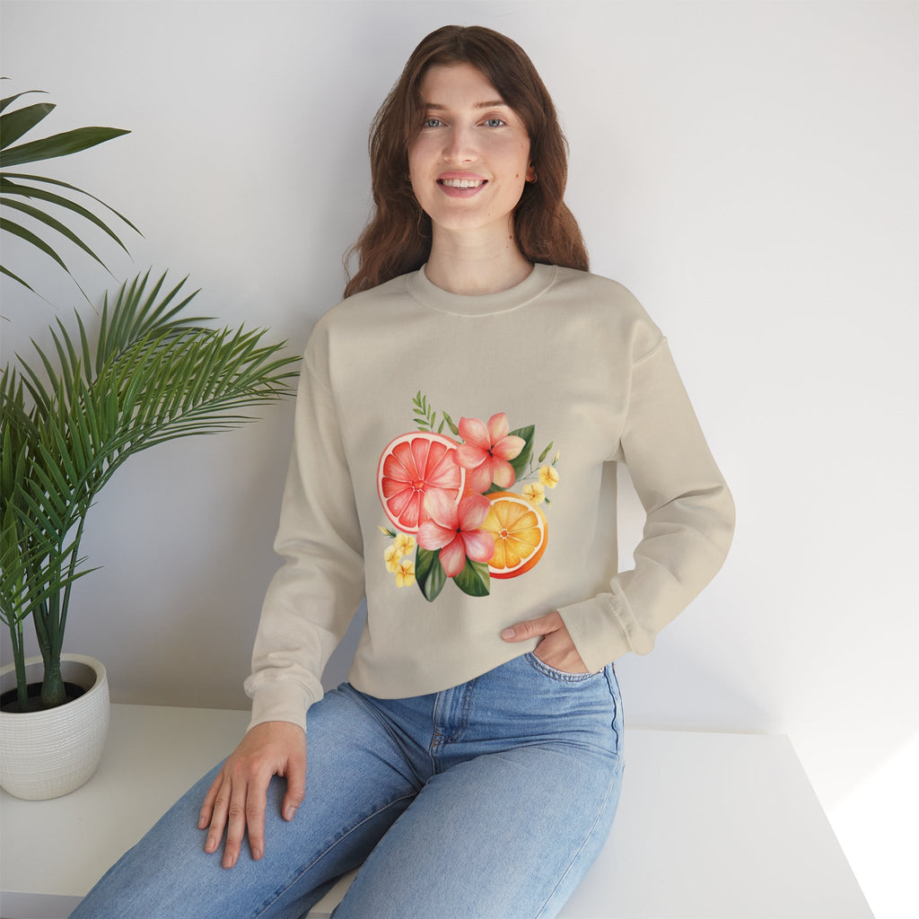 ORVIAN — Tropical Citrus & Pink Floral Crewneck, Grapefruit Orange Watercolor Unisex Heavy Blend