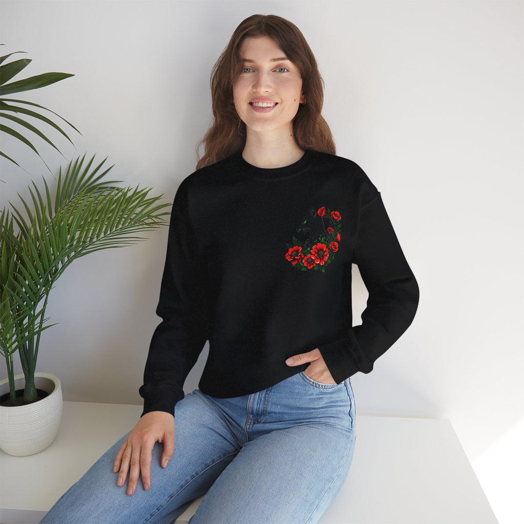 ORVIAN — Black Cat & Red Poppies Floral Crewneck, Elegant Nature Unisex Heavy Blend