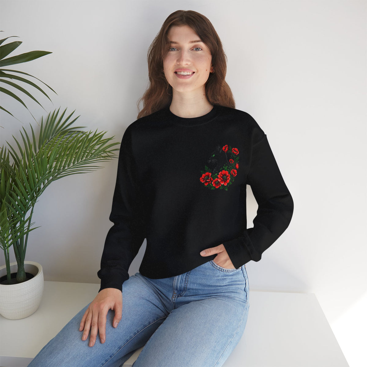 ORVIAN — Black Cat & Red Poppies Floral Crewneck, Elegant Nature Unisex Heavy Blend