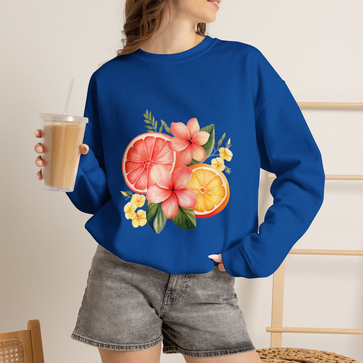 ORVIAN — Tropical Citrus & Pink Floral Crewneck, Grapefruit Orange Watercolor Unisex Heavy Blend