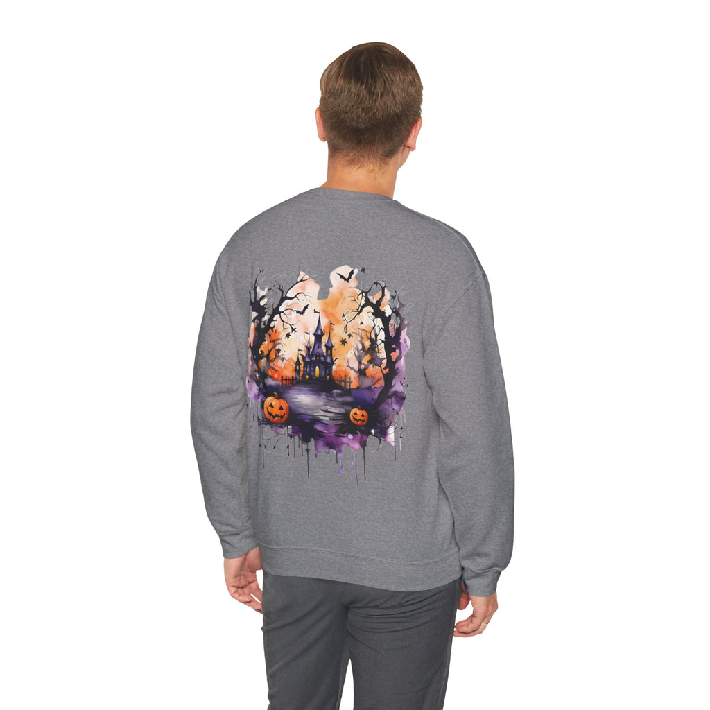 ORVIAN — Watercolor Haunted Castle Halloween Crewneck, Purple Jack-o'-Lantern Unisex Heavy Blend