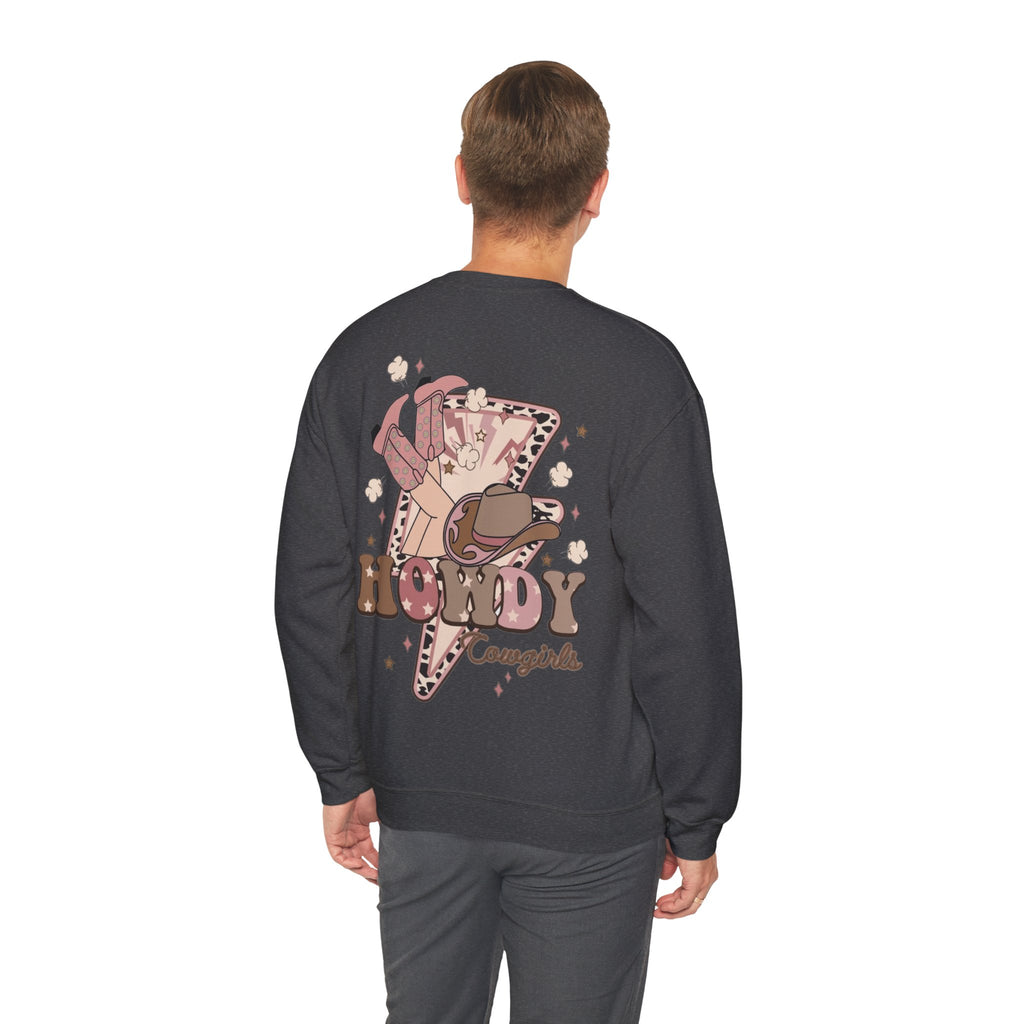 ORVIAN — Howdy Cowgirls Western Crewneck, Leopard Lightning Bolt & Cowgirl Boots Unisex Heavy Blend
