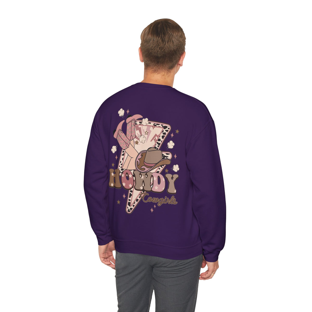 ORVIAN — Howdy Cowgirls Western Crewneck, Leopard Lightning Bolt & Cowgirl Boots Unisex Heavy Blend
