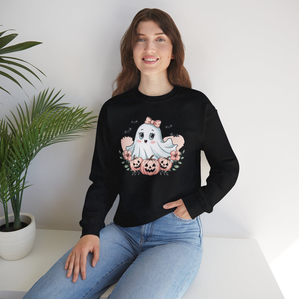 ORVIAN — Pink Halloween Coquette Ghost Crewneck, Bow & Pumpkin Unisex Heavy Blend