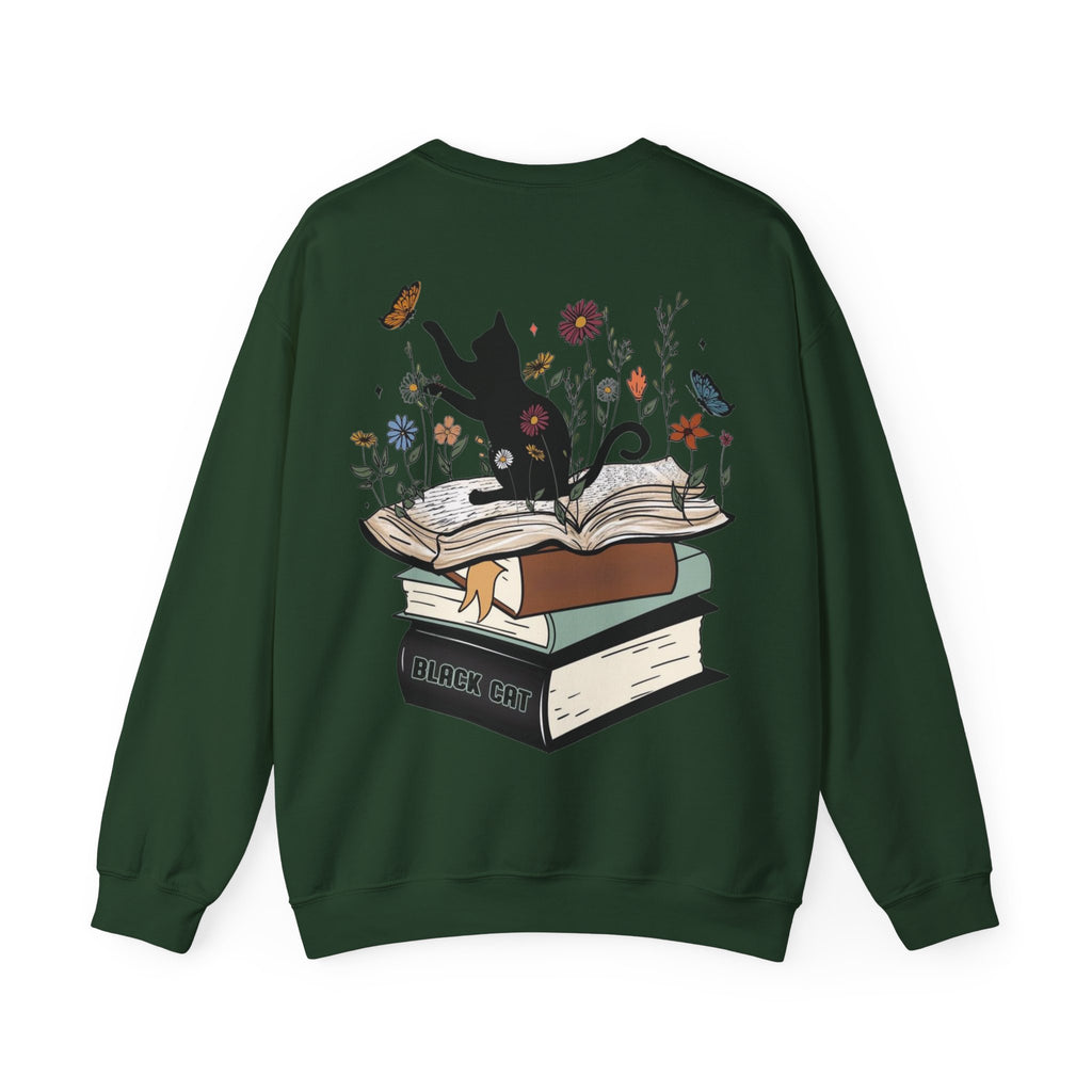 ORVIAN — Life Is Better With Flowers, Cats & Books Crewneck, Black Cat Book Stack Unisex