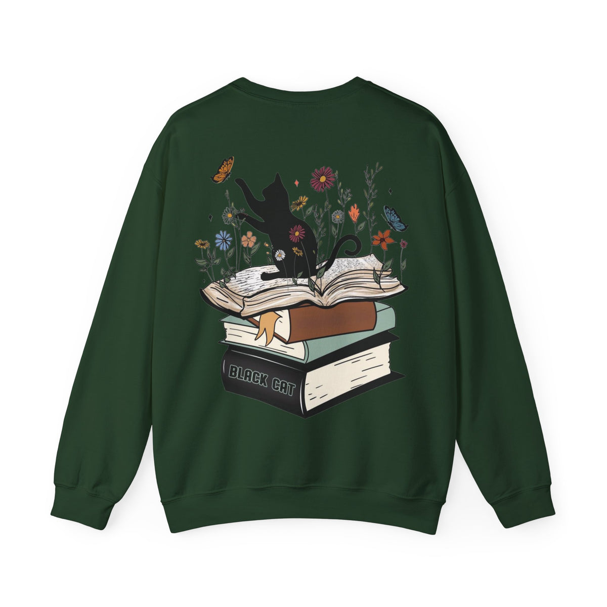 ORVIAN — Life Is Better With Flowers, Cats & Books Crewneck, Black Cat Book Stack Unisex