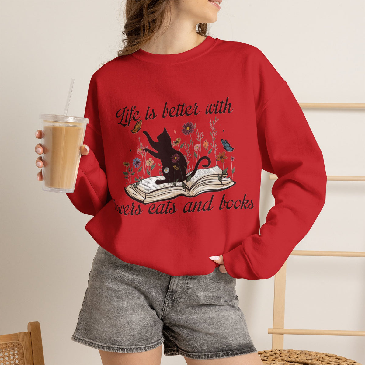 ORVIAN — Life Is Better With Flowers, Cats & Books Crewneck, Black Cat Book Stack Unisex