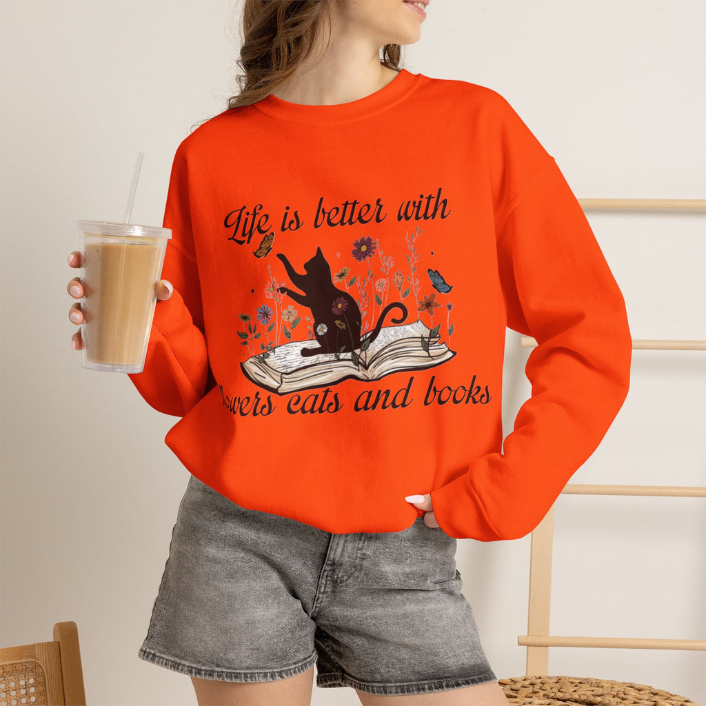 ORVIAN — Life Is Better With Flowers, Cats & Books Crewneck, Black Cat Book Stack Unisex