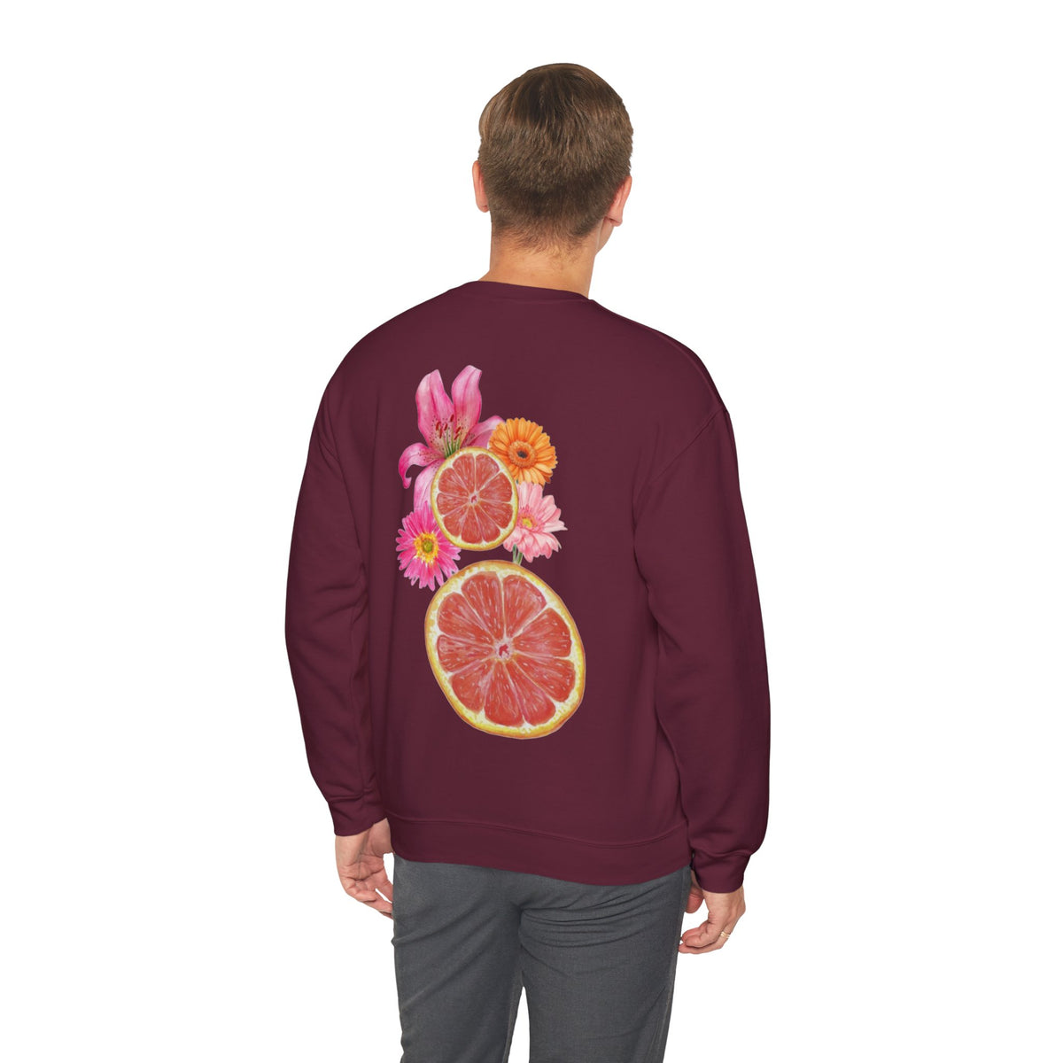 ORVIAN — Tropical Citrus & Pink Floral Crewneck, Grapefruit Orange Watercolor Unisex Heavy Blend