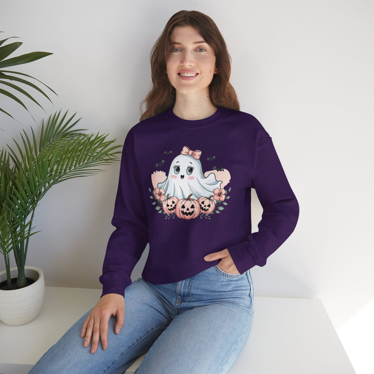 ORVIAN — Pink Halloween Coquette Ghost Crewneck, Bow & Pumpkin Unisex Heavy Blend