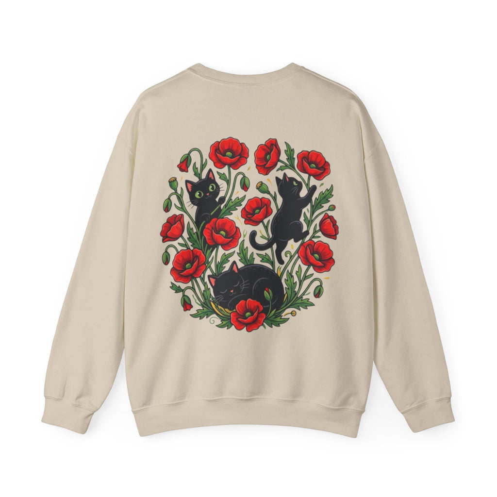 ORVIAN — Black Cat & Red Poppies Floral Crewneck, Elegant Nature Unisex Heavy Blend