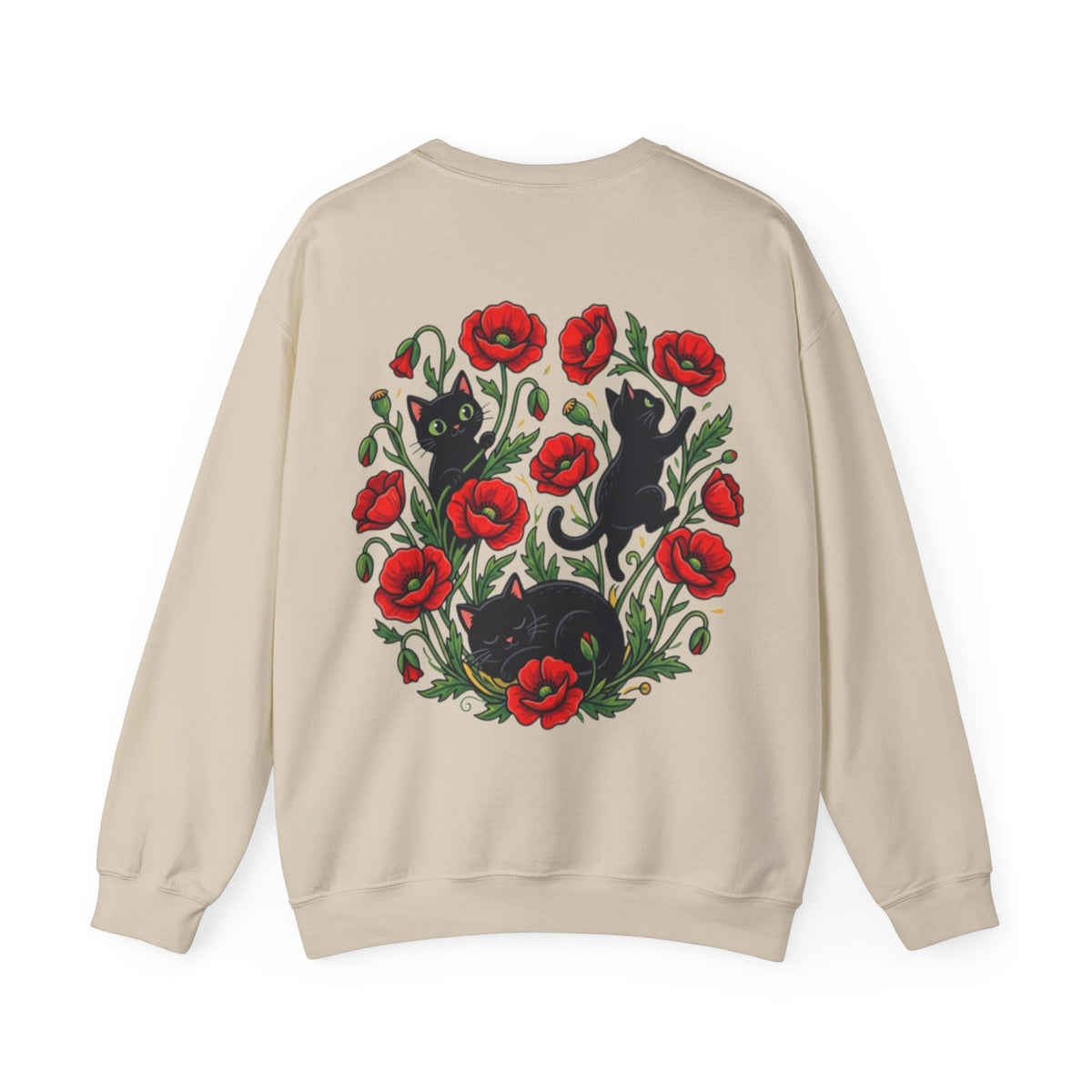 ORVIAN — Black Cat & Red Poppies Floral Crewneck, Elegant Nature Unisex Heavy Blend