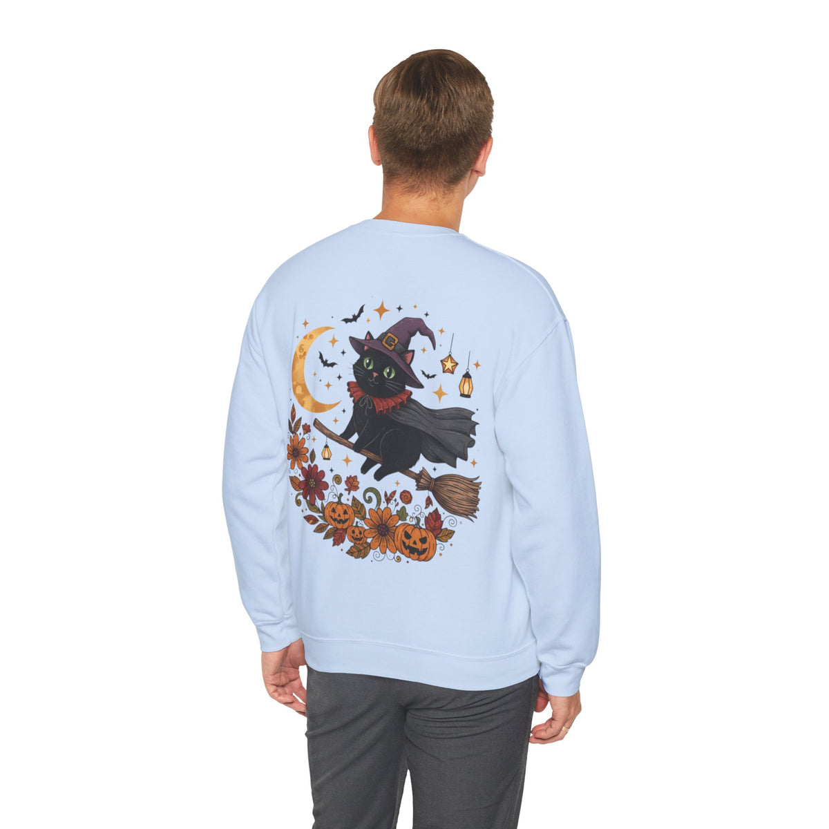 ORVIAN — Witch Cat Halloween Crewneck, Flying Black Cat & Pumpkin Patch Unisex Sweatshirt