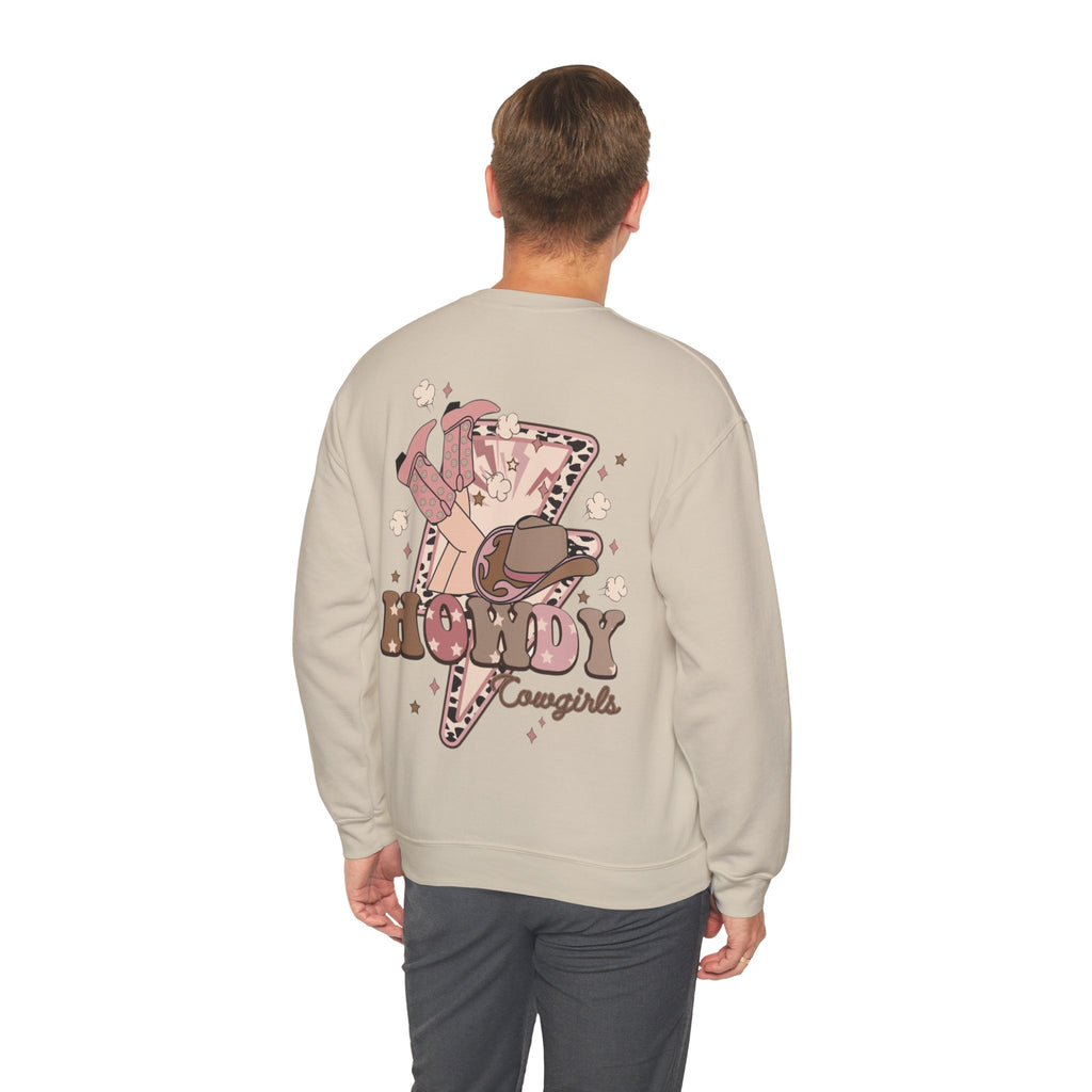 ORVIAN — Howdy Cowgirls Western Crewneck, Leopard Lightning Bolt & Cowgirl Boots Unisex Heavy Blend