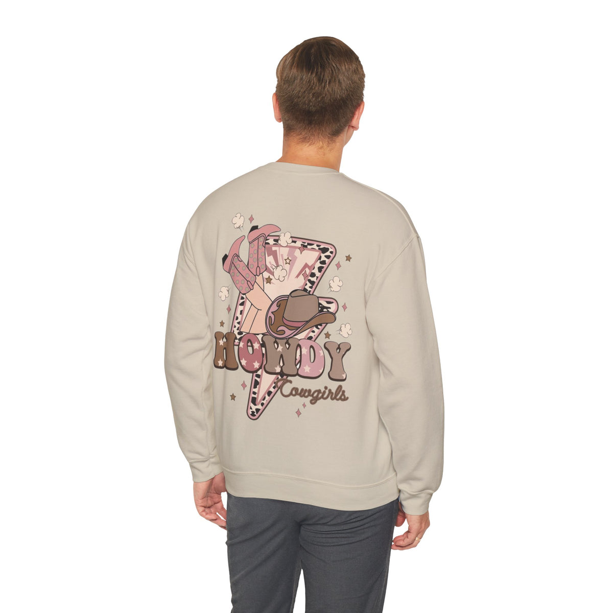 ORVIAN — Howdy Cowgirls Western Crewneck, Leopard Lightning Bolt & Cowgirl Boots Unisex Heavy Blend