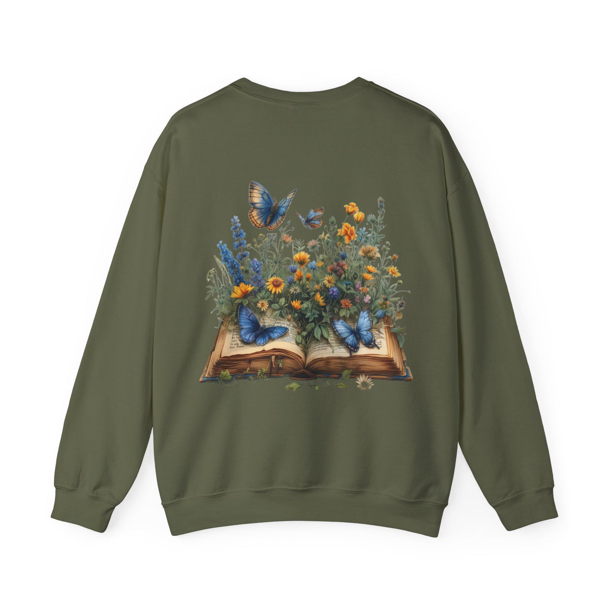 ORVIAN — Watercolor Floral Book & Butterfly Crewneck, Literary Nature Unisex Heavy Blend