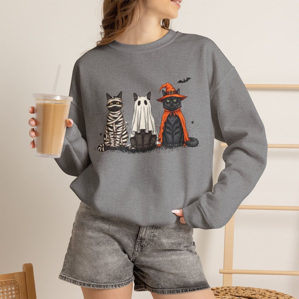 ORVIAN — Halloween Cats & Ghosts Crewneck, Spooky Cute Black Cat Unisex Sweatshirt