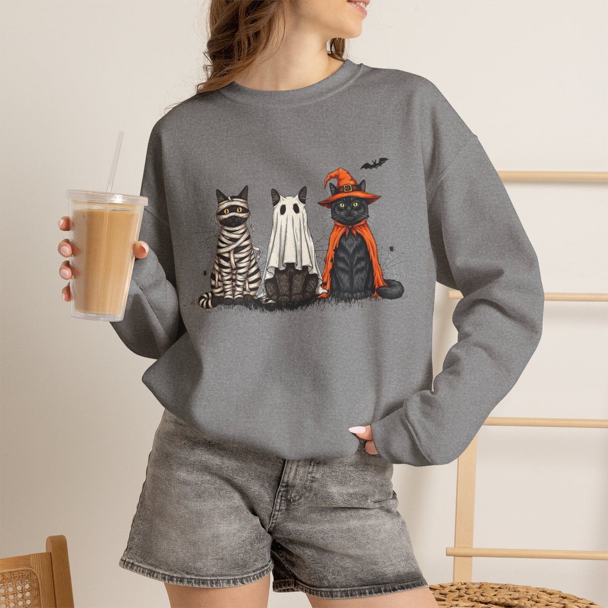 ORVIAN — Halloween Cats & Ghosts Crewneck, Spooky Cute Black Cat Unisex Sweatshirt