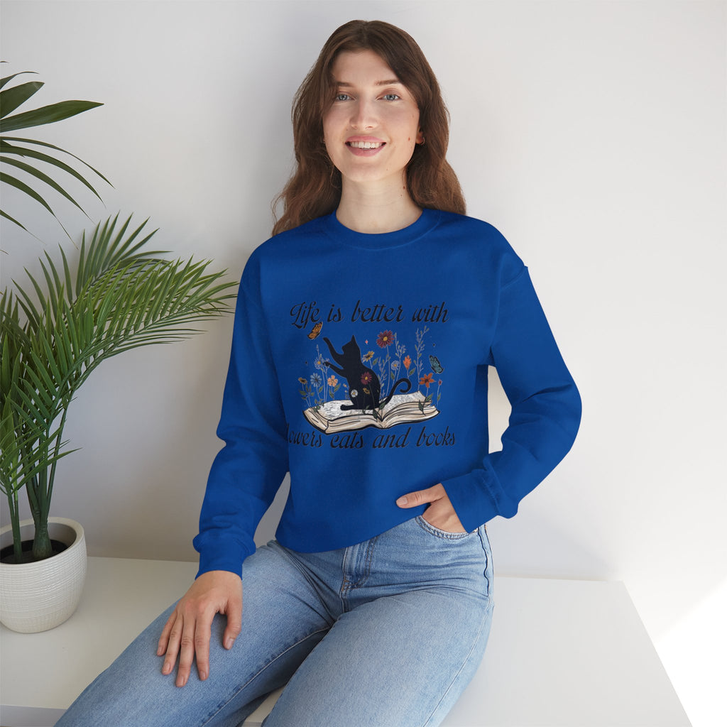 ORVIAN — Life Is Better With Flowers, Cats & Books Crewneck, Black Cat Book Stack Unisex
