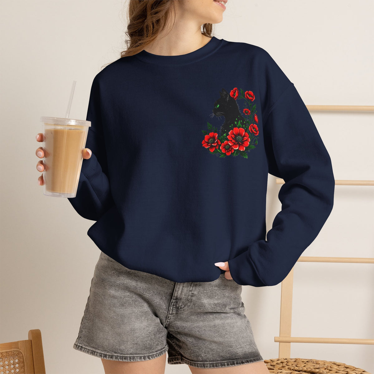 ORVIAN — Black Cat & Red Poppies Floral Crewneck, Elegant Nature Unisex Heavy Blend