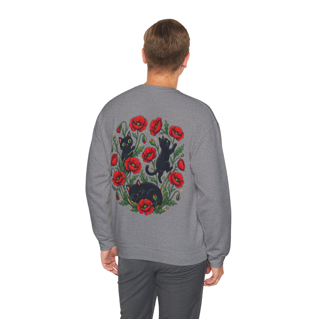 ORVIAN — Black Cat & Red Poppies Floral Crewneck, Elegant Nature Unisex Heavy Blend