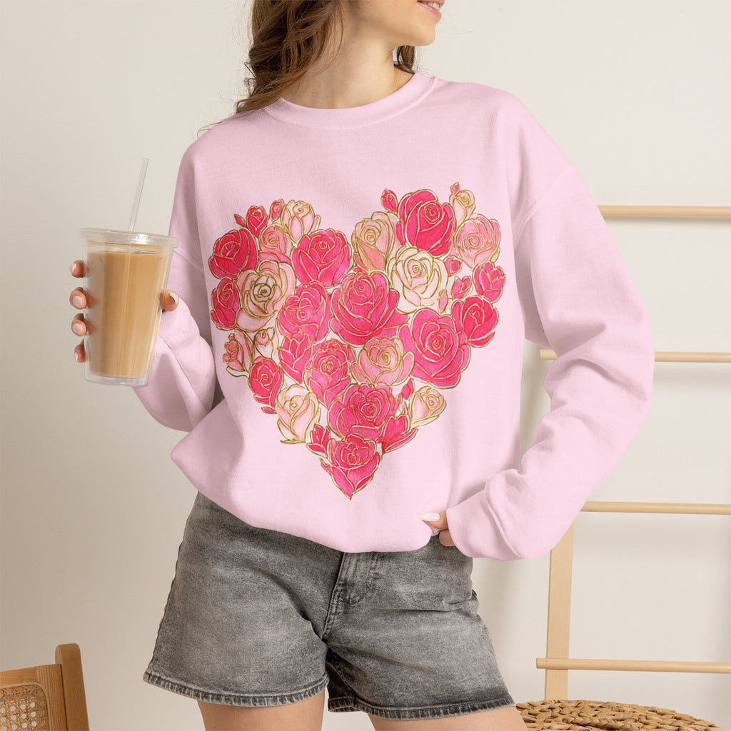 ORVIAN — Floral Rose Heart Crewneck, Romantic Pink Flower Valentine Sweatshirt, Unisex Heavy Blend