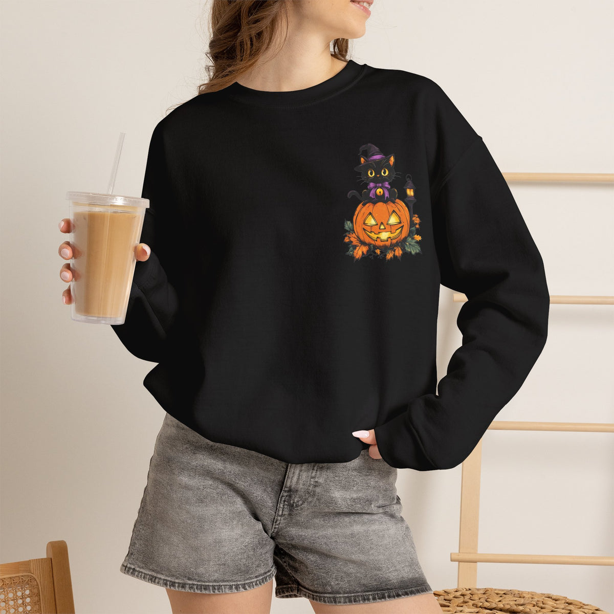 ORVIAN — Witch Cat Halloween Crewneck, Flying Black Cat & Pumpkin Patch Unisex Sweatshirt
