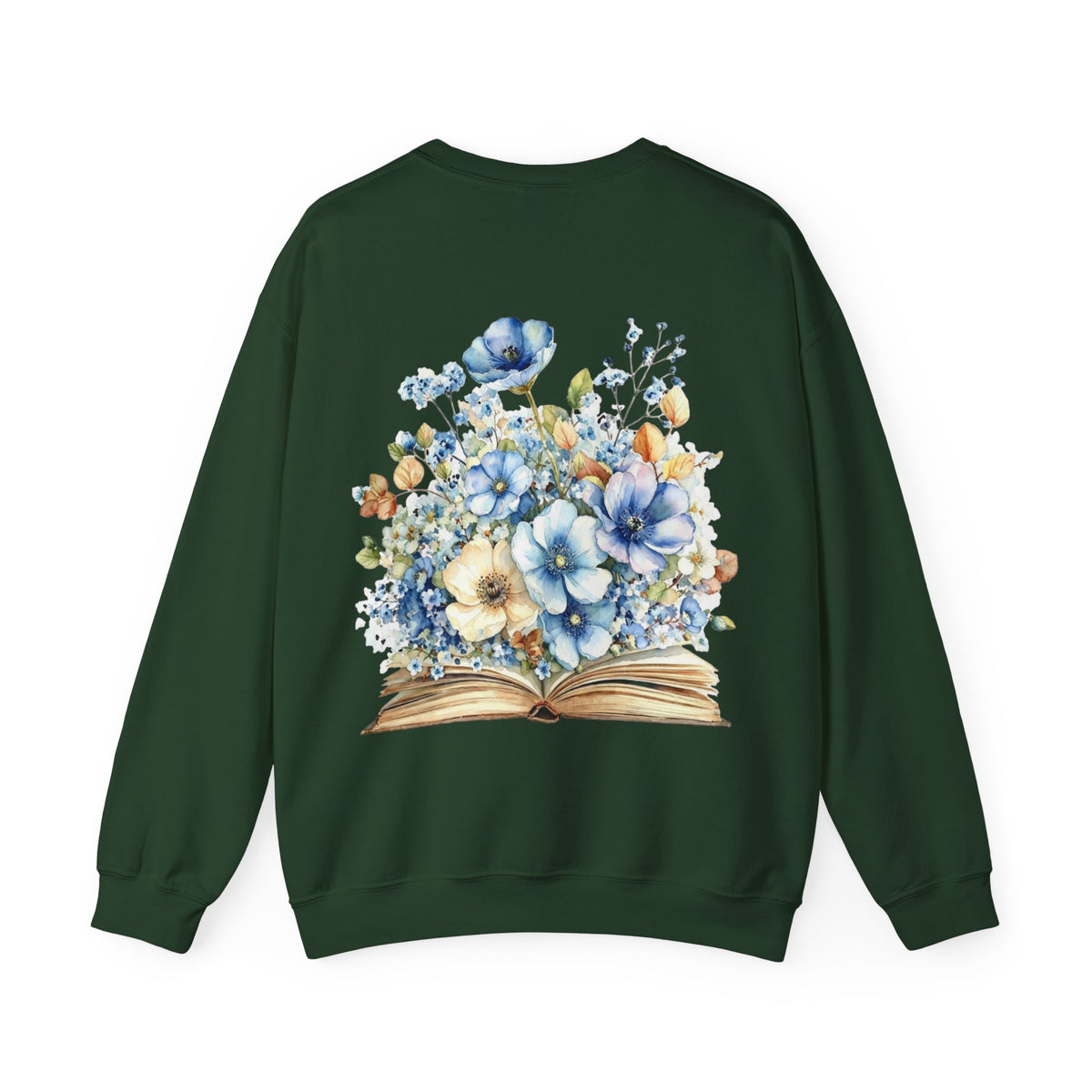 ORVIAN — Blue Watercolor Floral Book Crewneck, Open Book Wildflower Literary Unisex Heavy Blend
