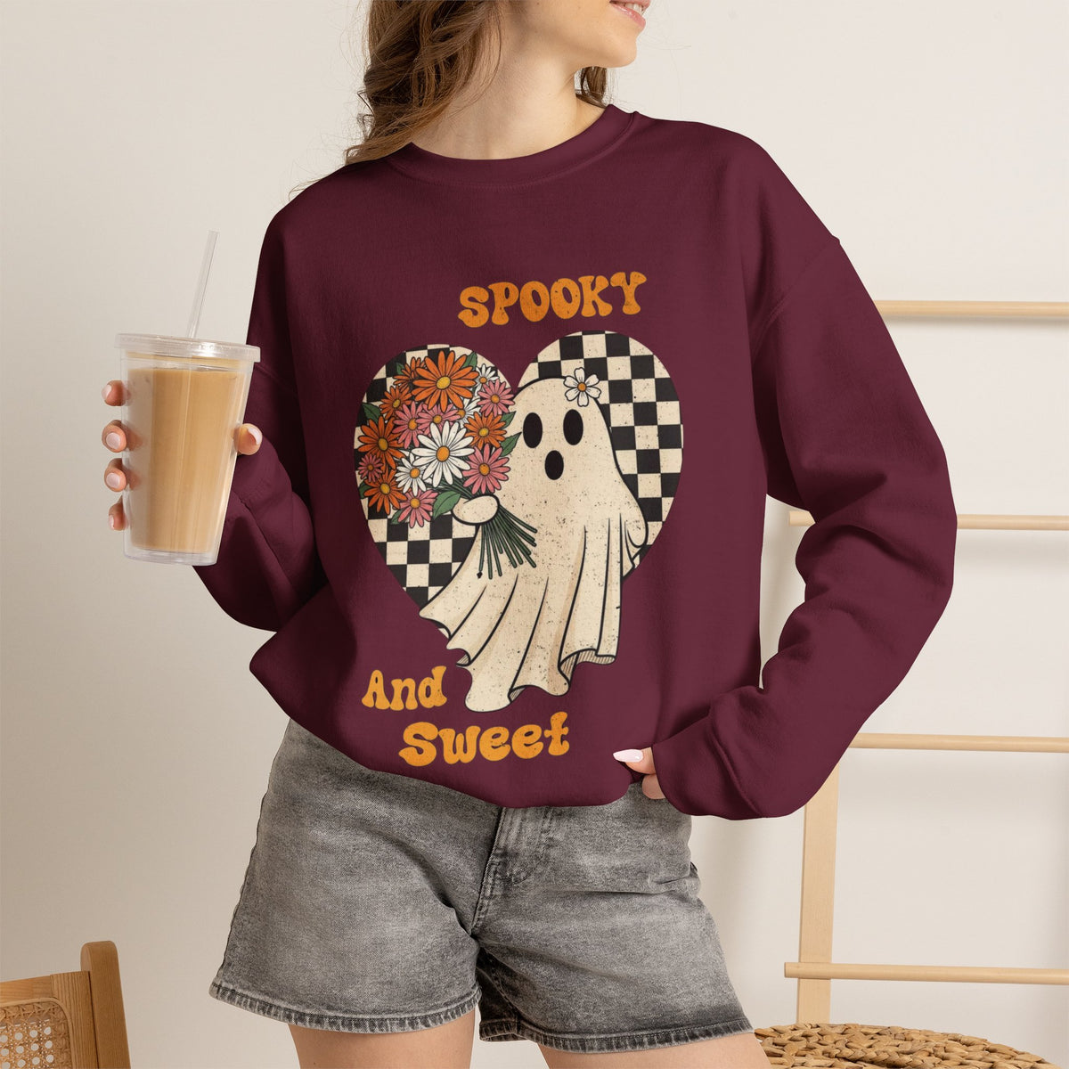 ORVIAN — Spooky & Sweet Ghost Crewneck, Coquette Bow Heart Halloween Unisex Sweatshirt