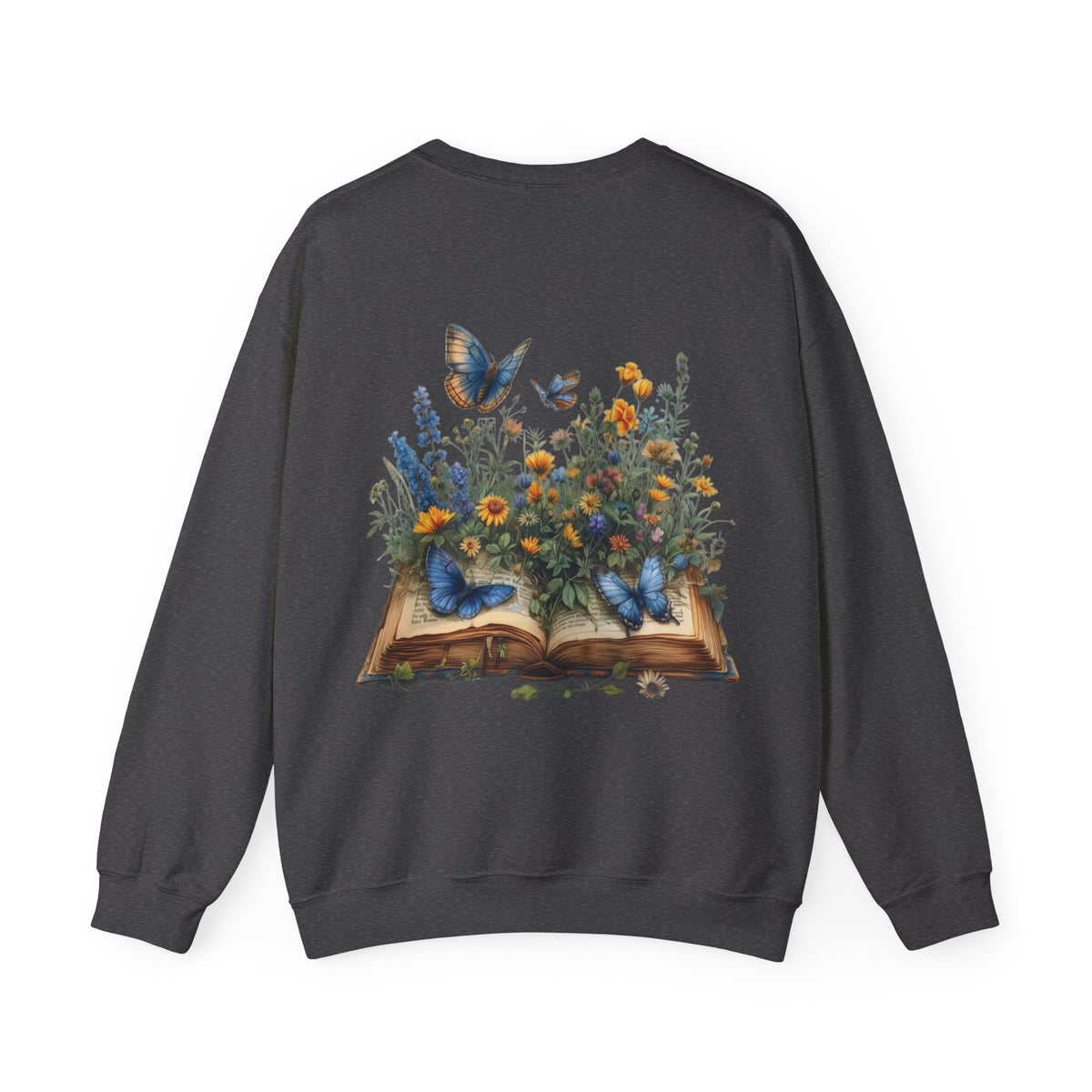 ORVIAN — Watercolor Floral Book & Butterfly Crewneck, Literary Nature Unisex Heavy Blend