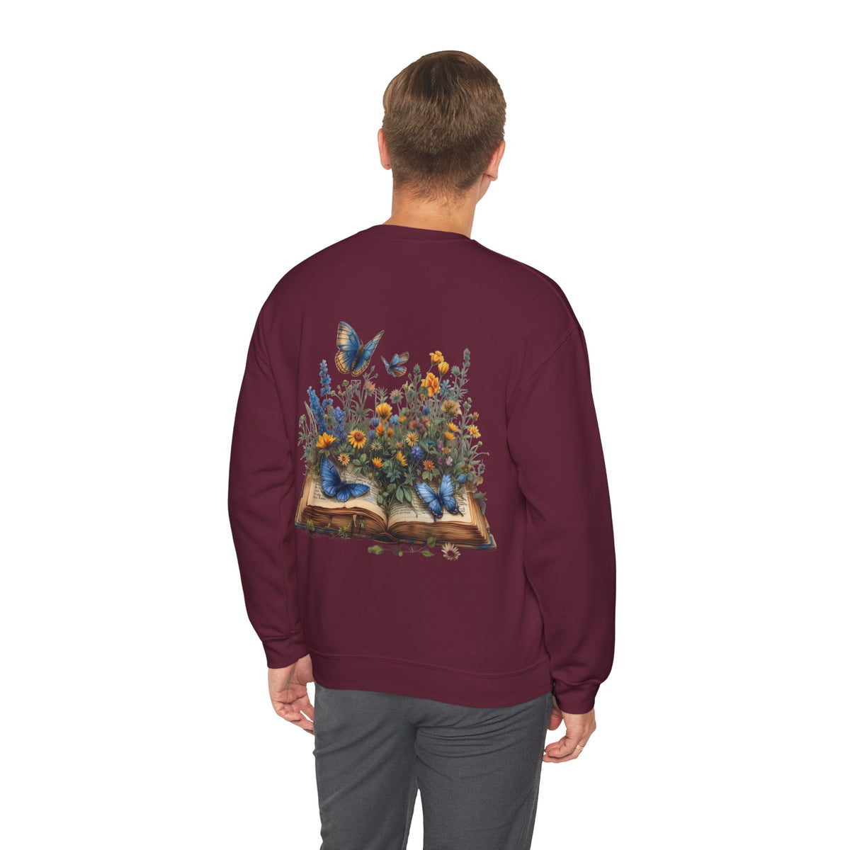 ORVIAN — Watercolor Floral Book & Butterfly Crewneck, Literary Nature Unisex Heavy Blend