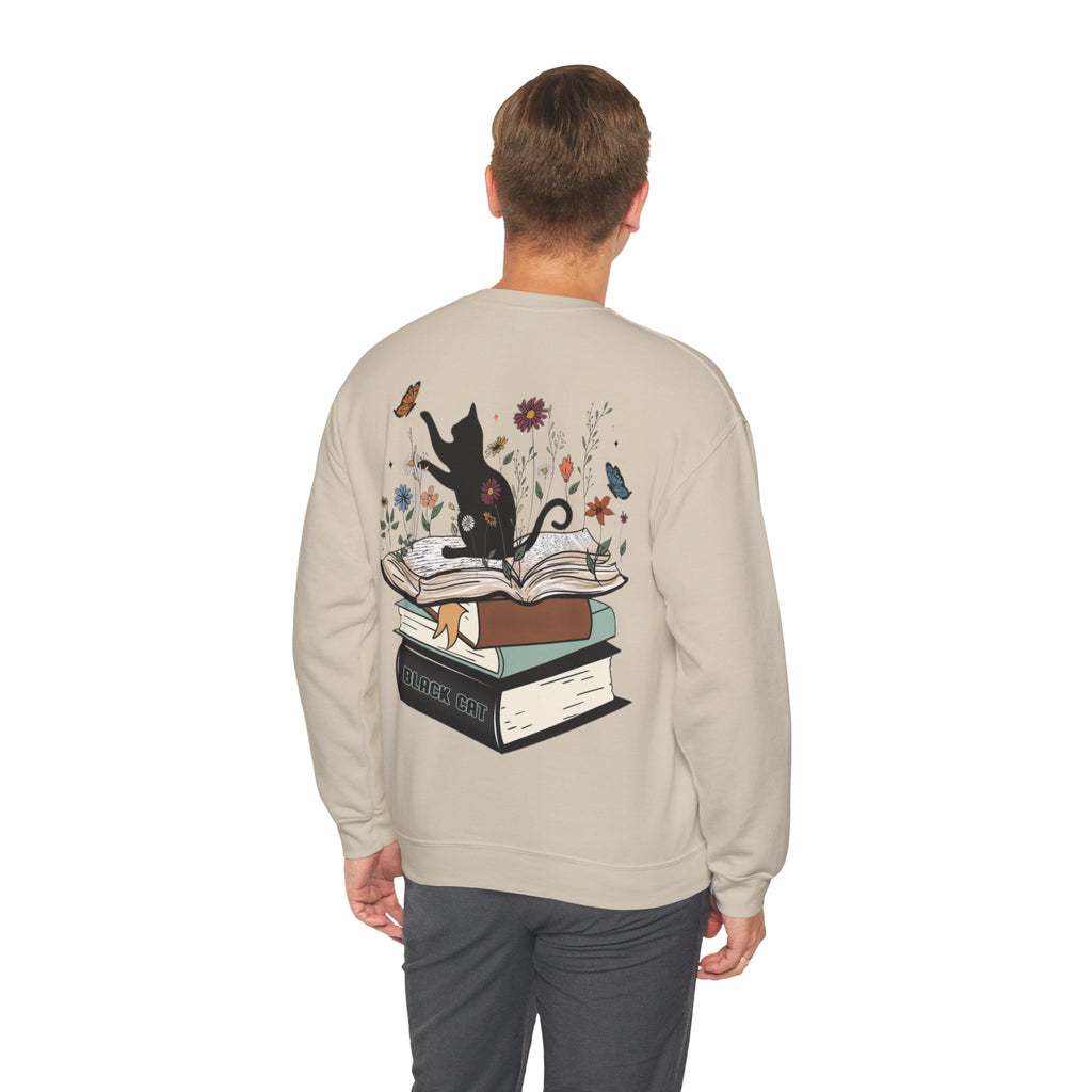 ORVIAN — Life Is Better With Flowers, Cats & Books Crewneck, Black Cat Book Stack Unisex